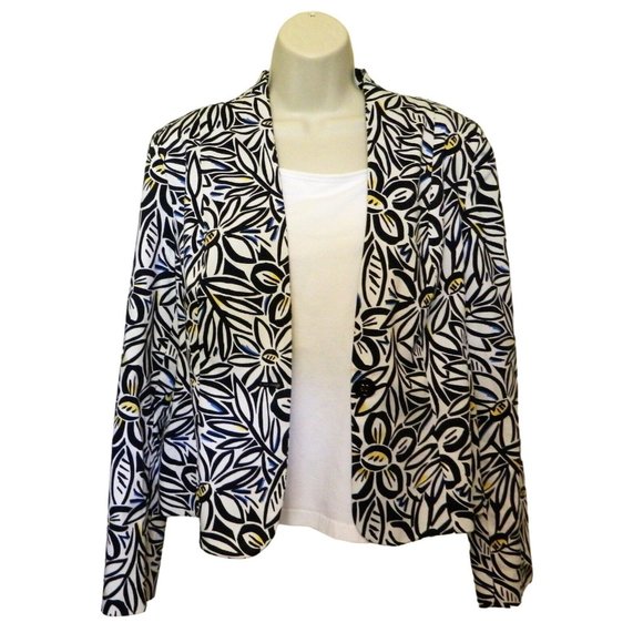 Jones Wear Floral Jacket 12 Black White Stretch Long Sleeve Single Button Lined - Picture 8 of 10